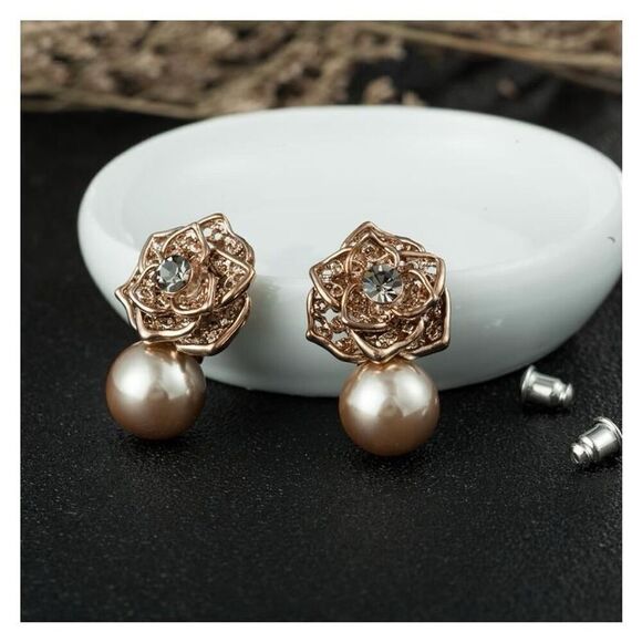 Textured Bronze Floral Stud Earrings with Faux Pearl Drop Classic Elegant - Picture 3 of 10